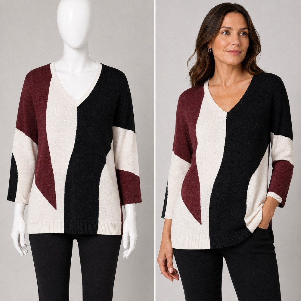 Chicos V-Neck Sweater Women 4 XXL White Black Red Abstract Colorblock Dolman